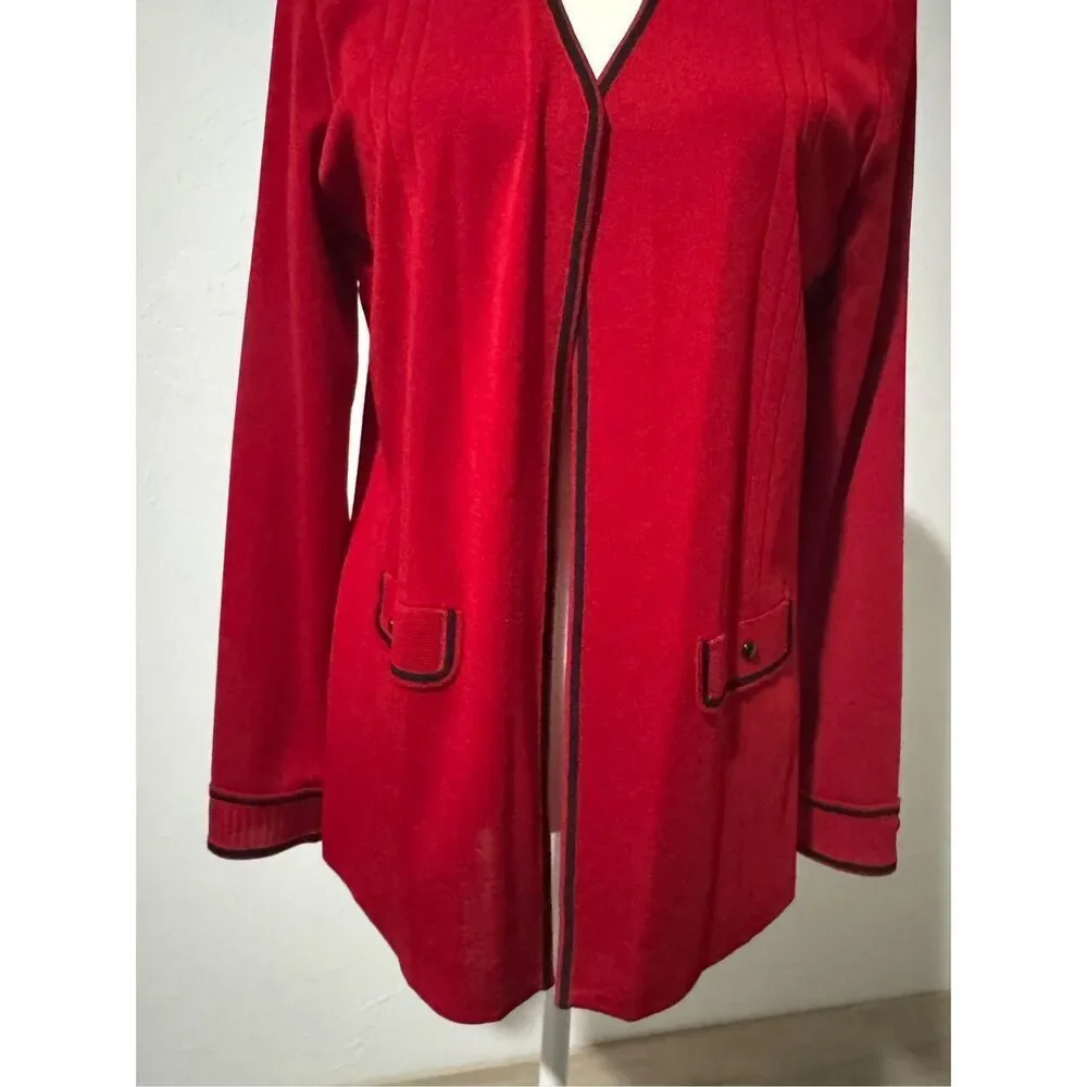 Ming Wang red open front black trim sweater clasp closure M